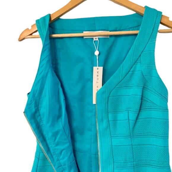 New TRINA TURK Sleeveless V-neck Front Zipper Teal Dress | 4 - Picture 2 of 6